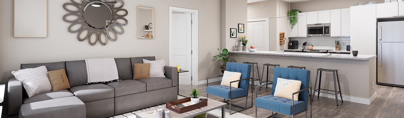 Furnished apartment living room with a view of the ktichen
